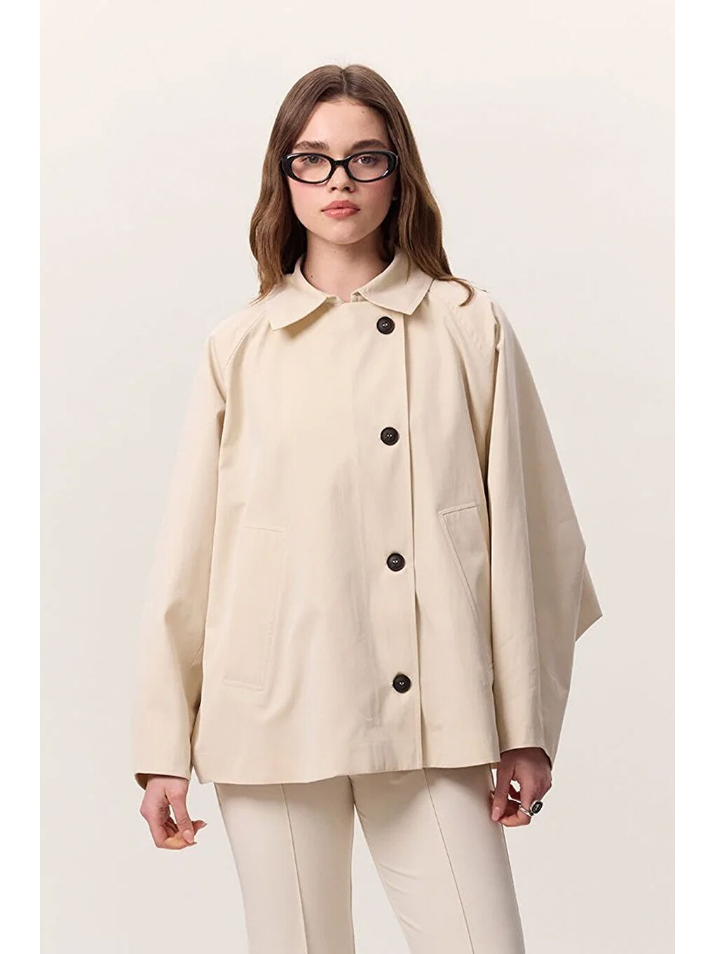 Ekru Pelerin Kol Kısa Trençkot Tereyağı-2