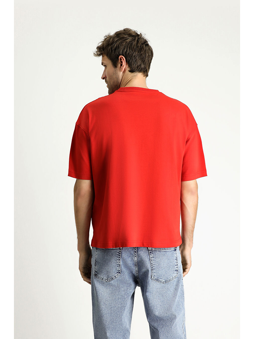 Kırmızı Bisiklet Yaka Oversize Baskılı Süprem Pamuk Tişört-4