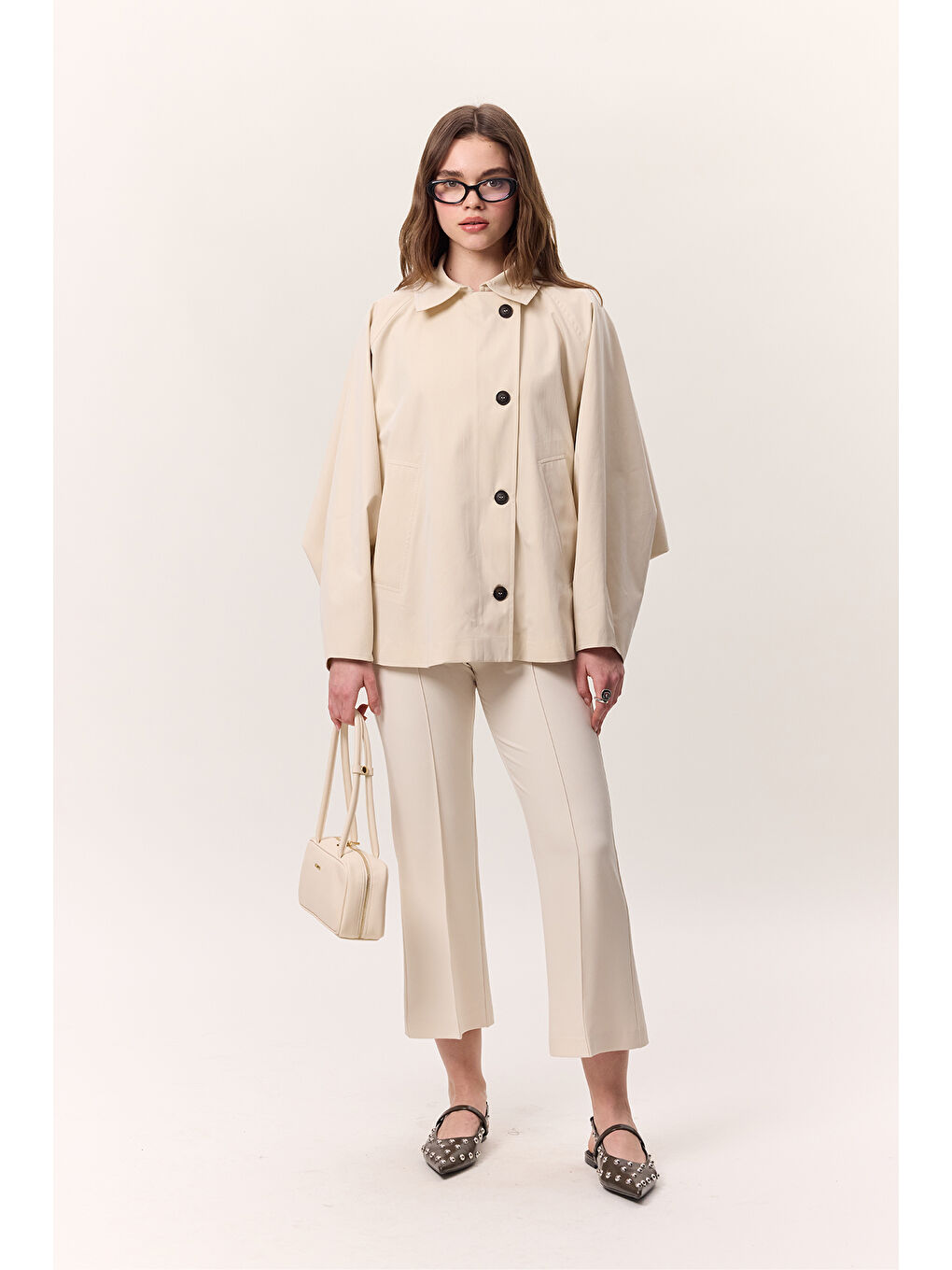 Ekru Pelerin Kol Kısa Trençkot Tereyağı-4