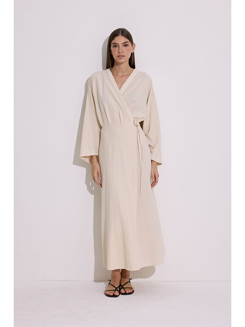 Karışık Dokulu Kruvaze Kapamalı Elbise Natural