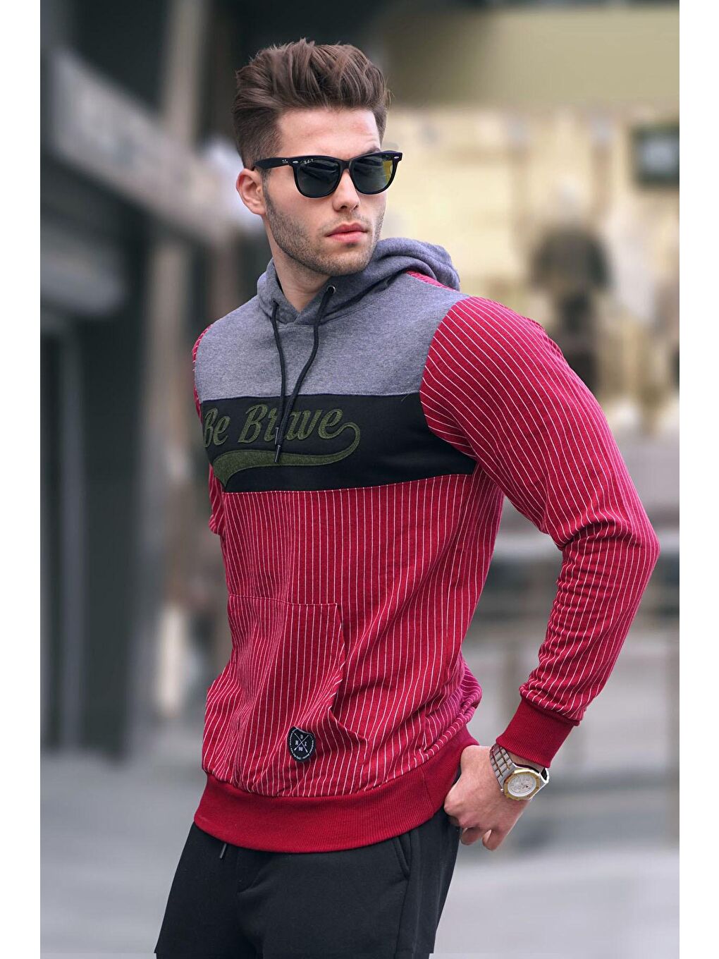 Madmext Bordo kapüşonlu Çizgili Sweatshirt Bordo 2815