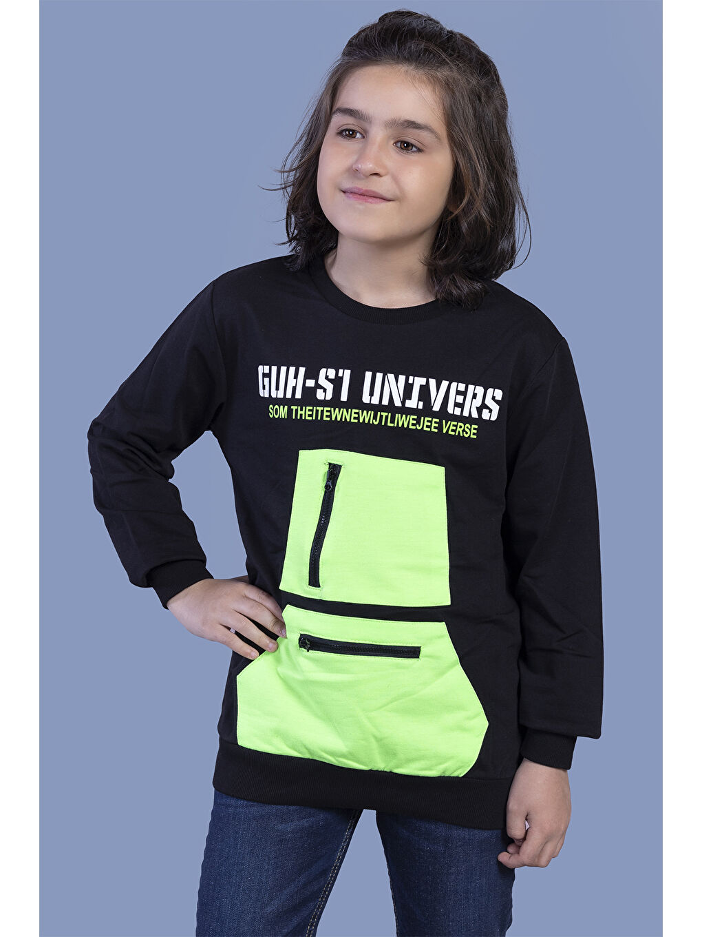 Siyah Erkek Çocuk Baskılı Neon Cepli Sweatshirt