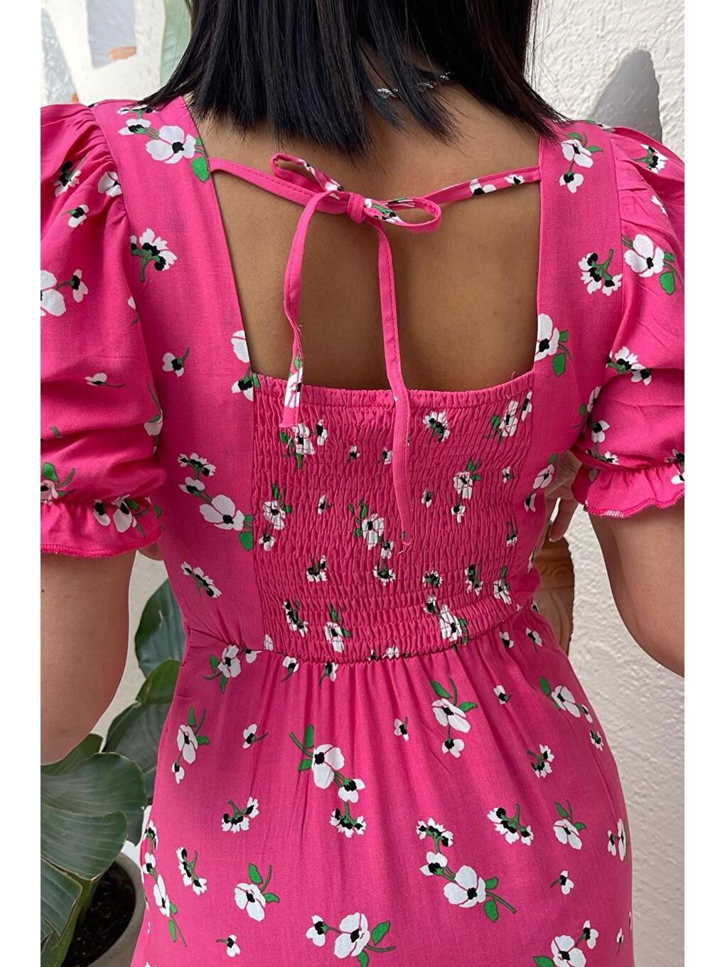 Pembe Çiçek Desenli Balon Kol Midi Elbise Mg1820-3