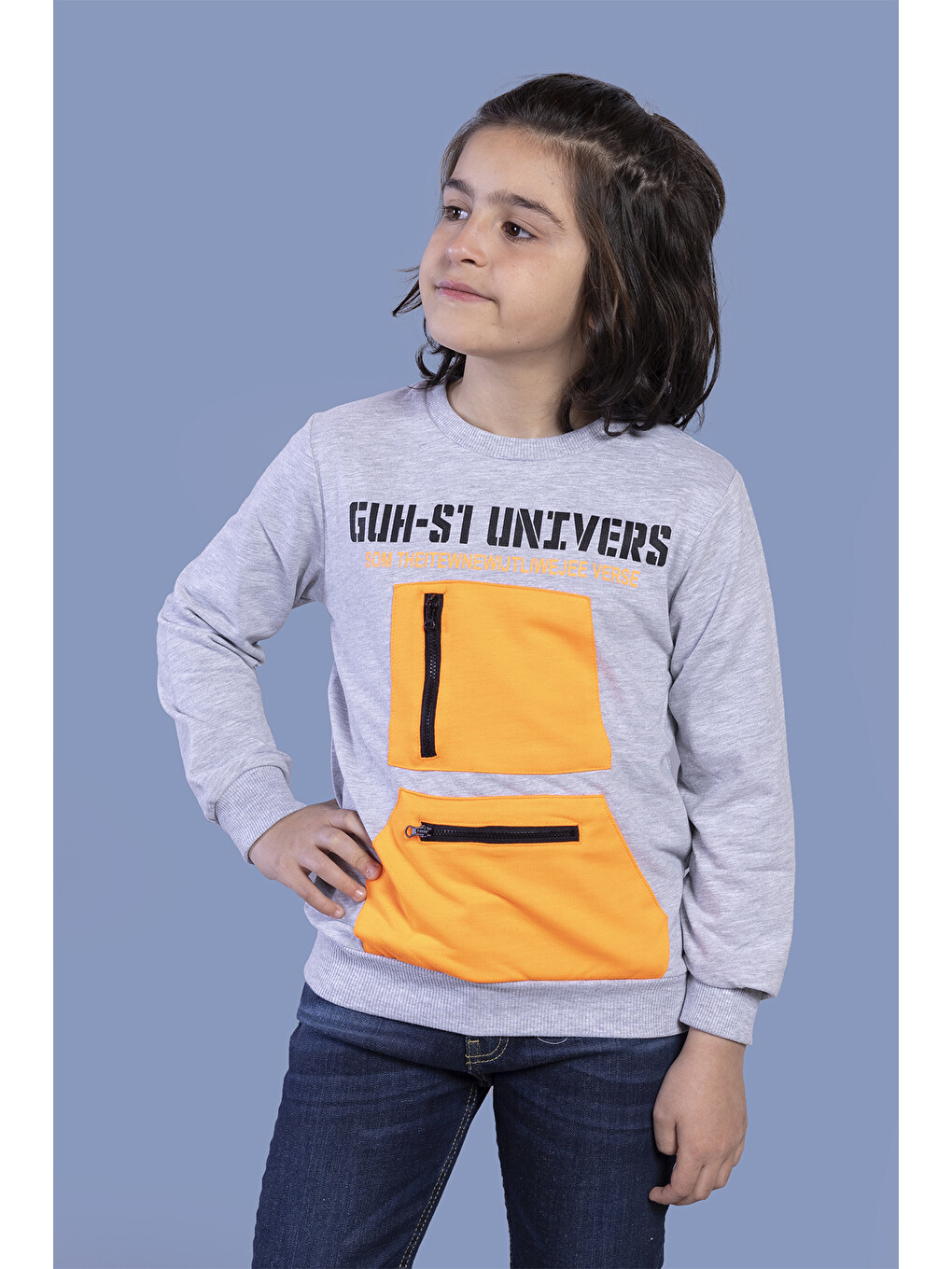 Gri Erkek Çocuk Baskılı Neon Cepli Sweatshirt-1