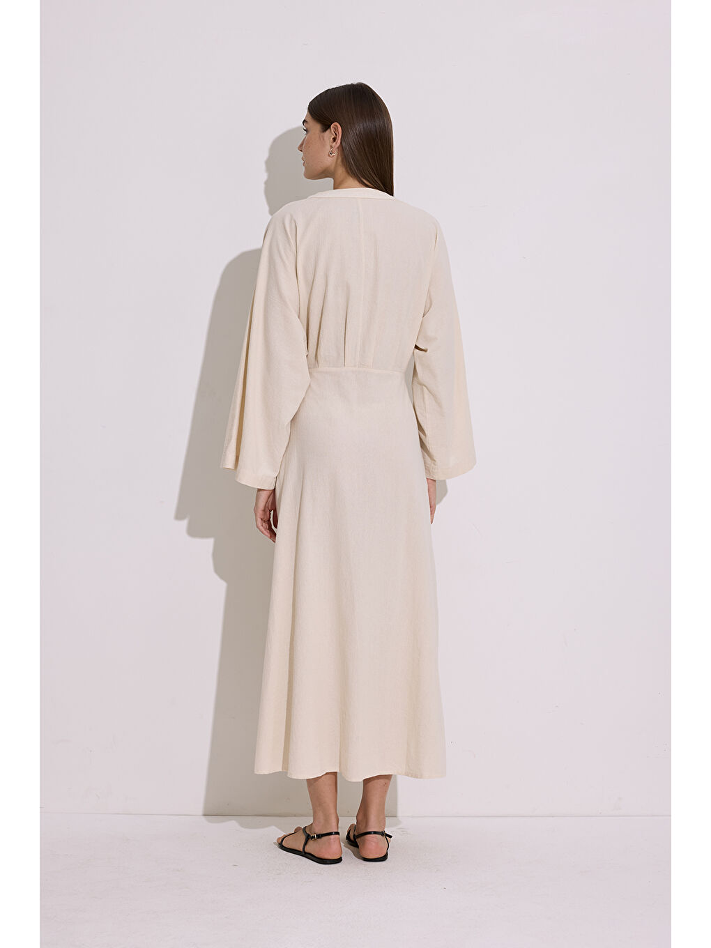 Karışık Dokulu Kruvaze Kapamalı Elbise Natural-5