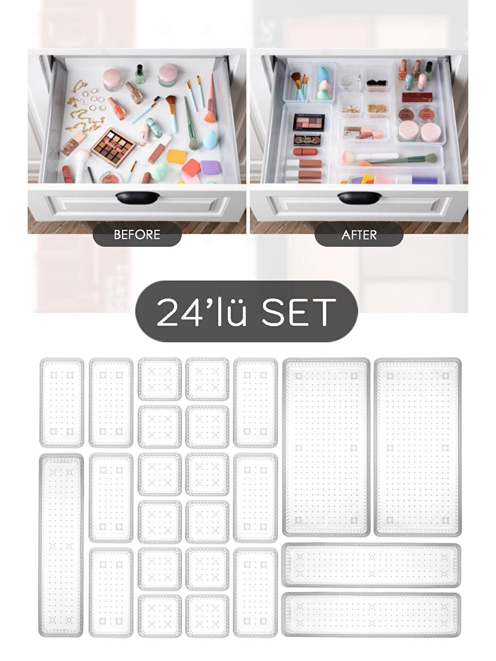 24'lü Set - Modüler Çekmece İçi Masaüstü Düzenleyici - Takı Organizer Şeffaf