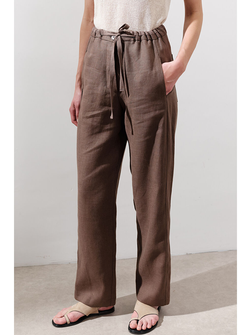 Kahverengi Keten Barrel Pantolon Tozlu Kahve-2