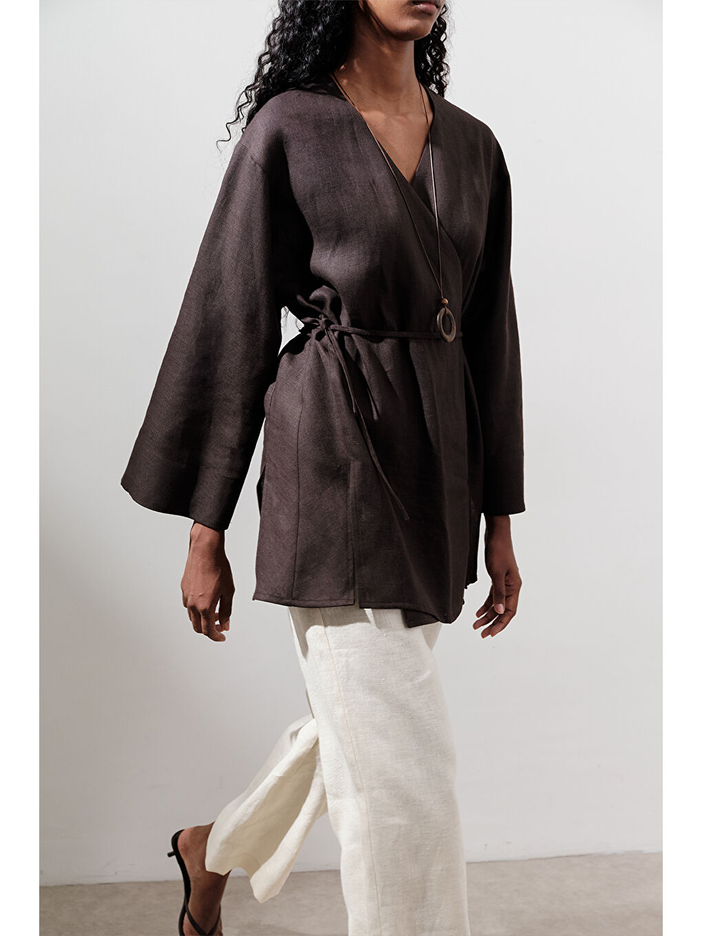 Kahverengi Keten Kruvaze Kapama Kimono Acı Kahve