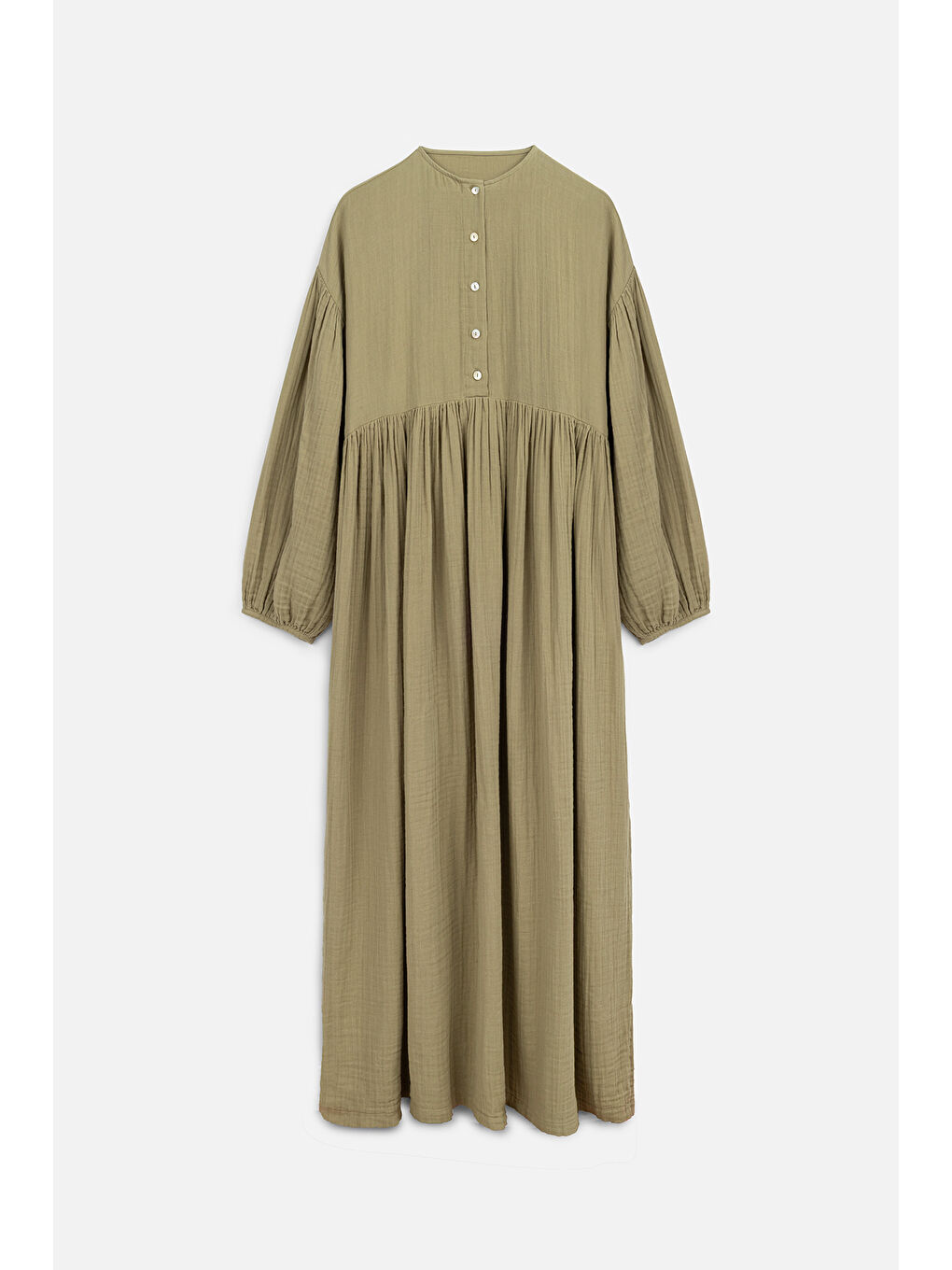 Yeşil Müslin Düğmeli Rahat Elbise Adaçayı-1