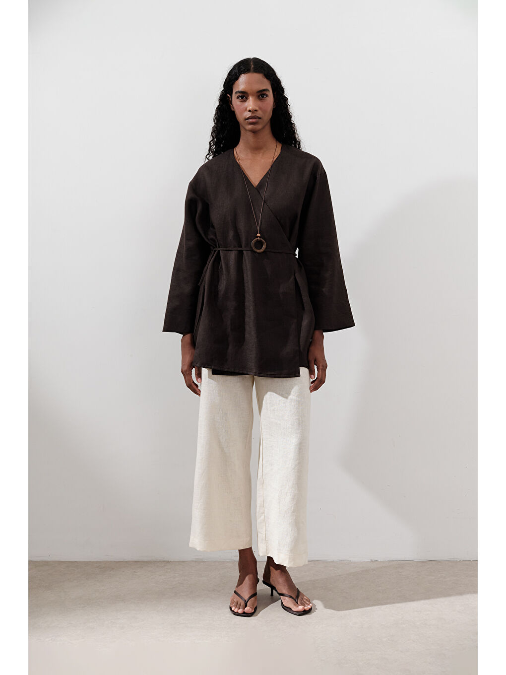 Kahverengi Keten Kruvaze Kapama Kimono Acı Kahve-1