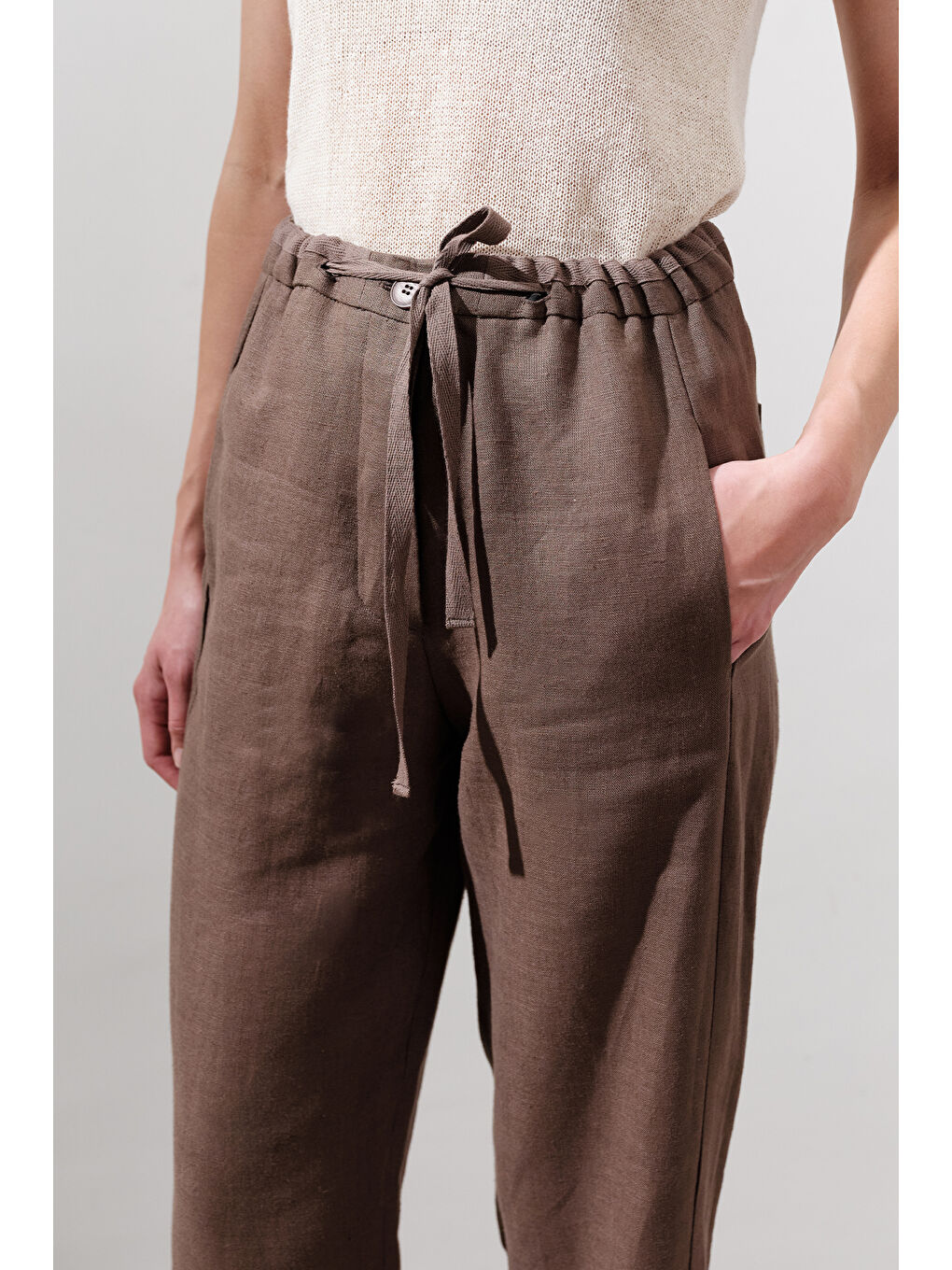 Kahverengi Keten Barrel Pantolon Tozlu Kahve-3