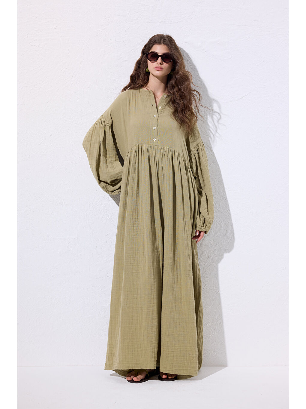 Yeşil Müslin Düğmeli Rahat Elbise Adaçayı-2