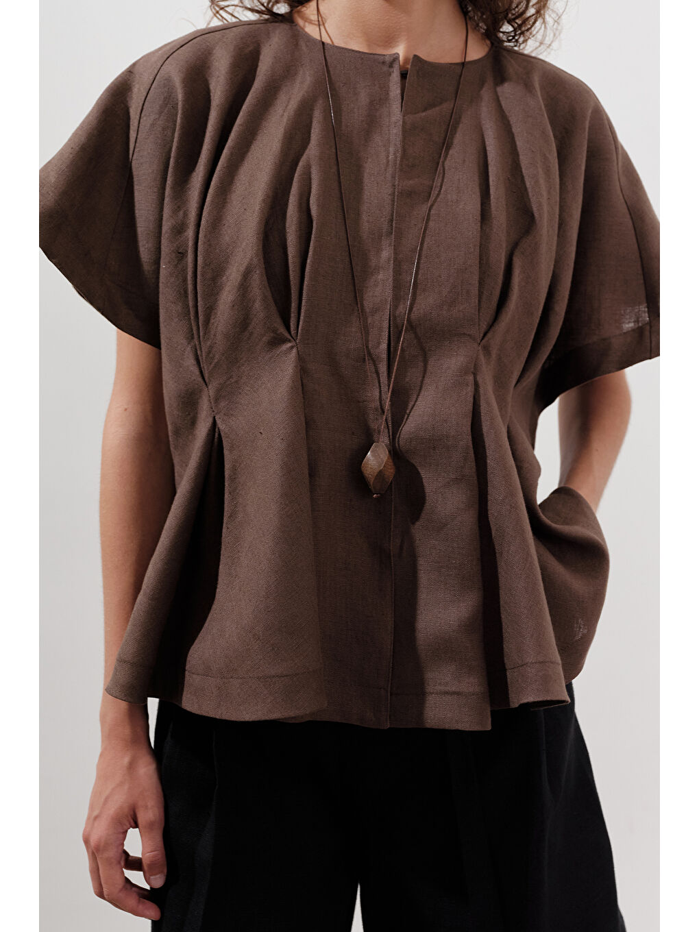 Karışık Keten Pile Detaylı Yelek Tozlu Kahve-3