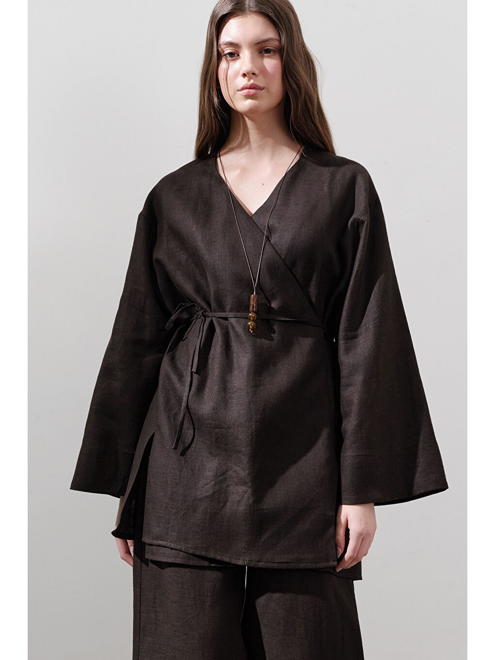 Kahverengi Keten Kruvaze Kapama Kimono Acı Kahve-2