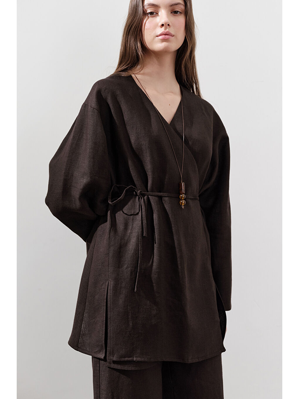 Kahverengi Keten Kruvaze Kapama Kimono Acı Kahve-3