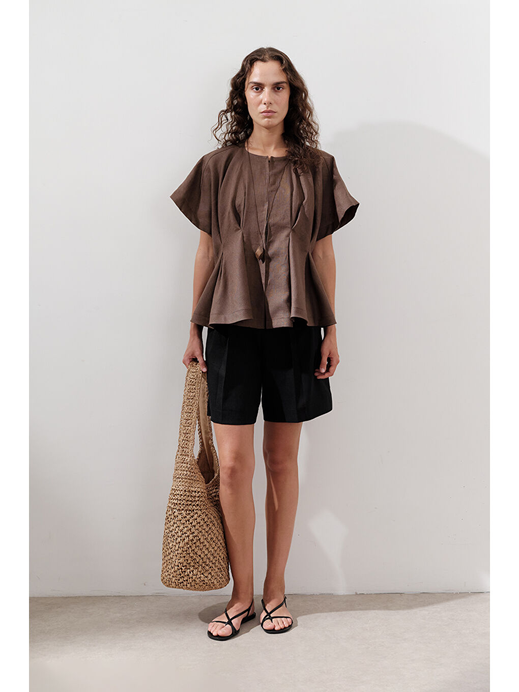 Karışık Keten Pile Detaylı Yelek Tozlu Kahve-4