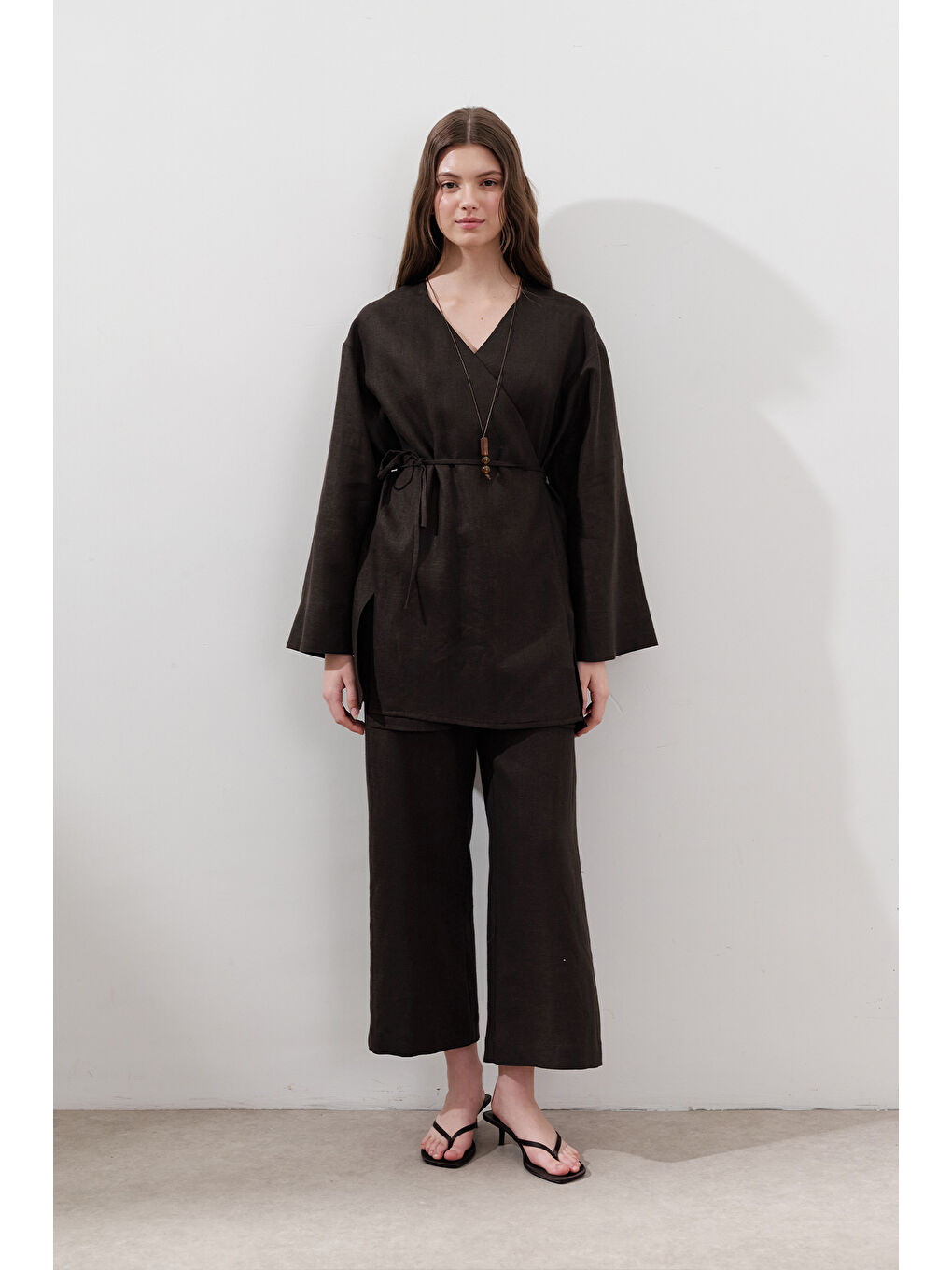 Kahverengi Keten Kruvaze Kapama Kimono Acı Kahve-4