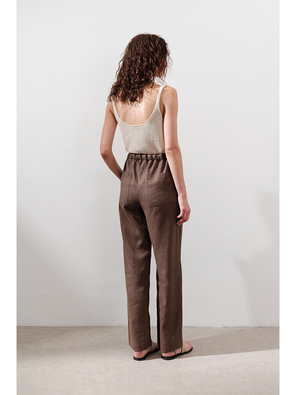 Kahverengi Keten Barrel Pantolon Tozlu Kahve-5