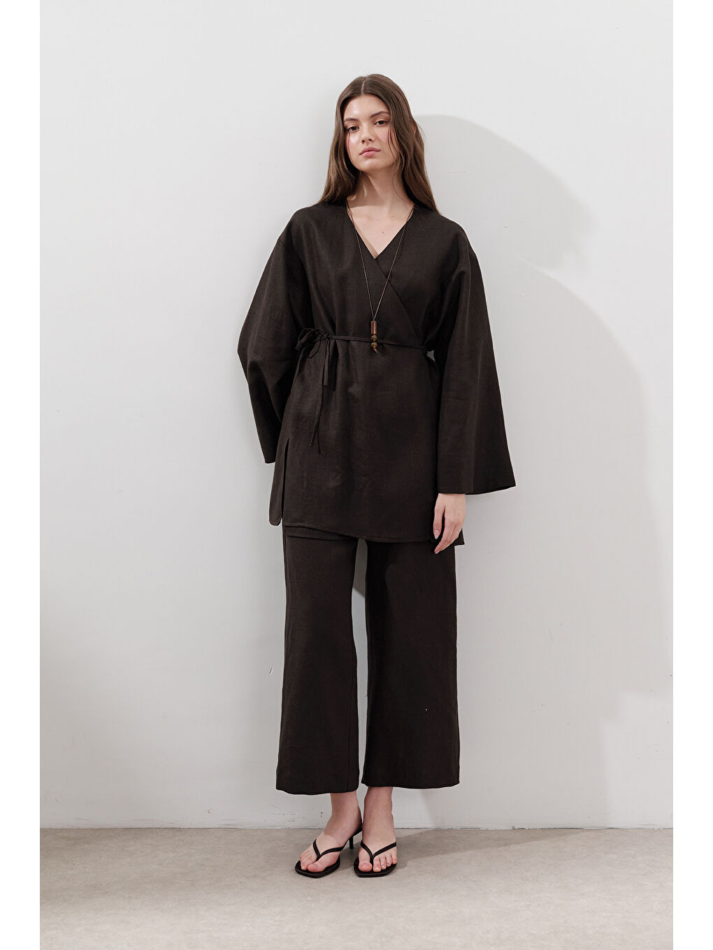 Kahverengi Keten Kruvaze Kapama Kimono Acı Kahve-5
