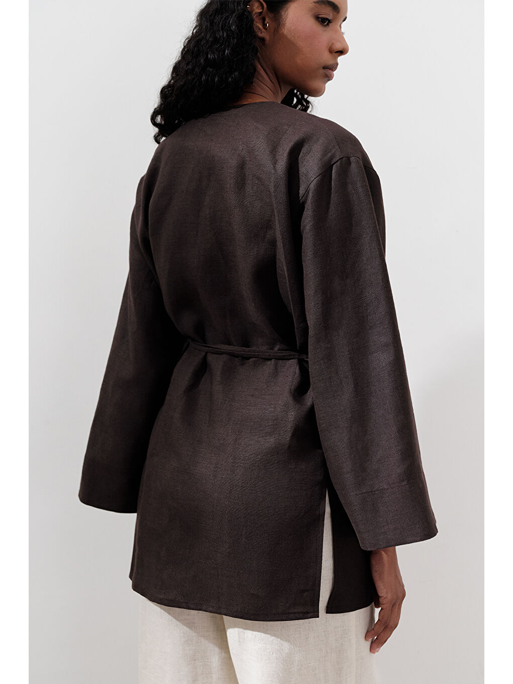 Kahverengi Keten Kruvaze Kapama Kimono Acı Kahve-6