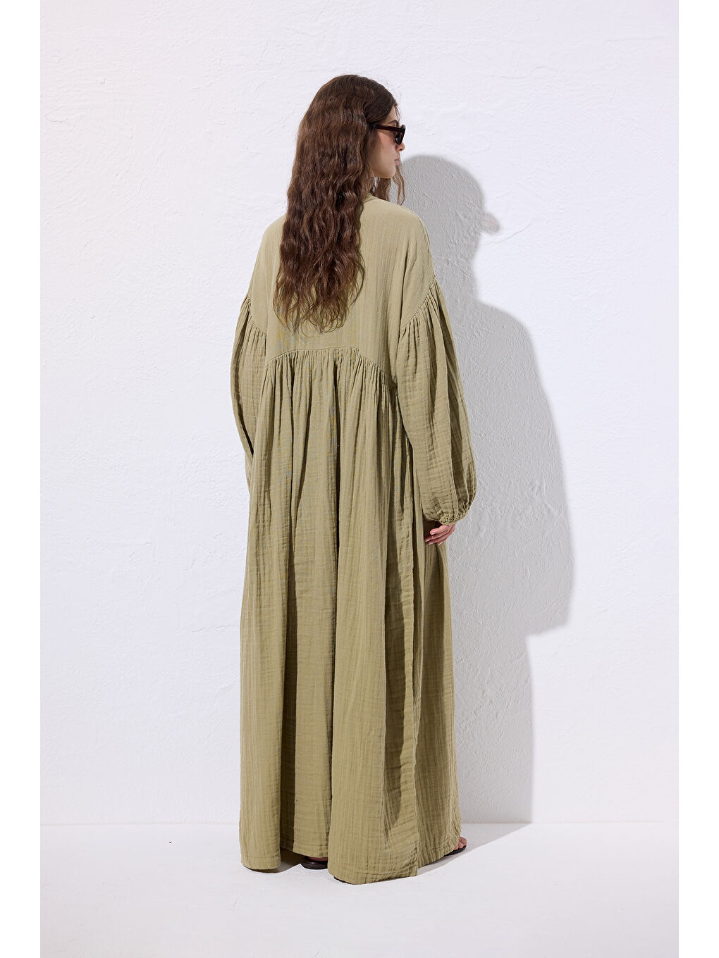 Yeşil Müslin Düğmeli Rahat Elbise Adaçayı-6