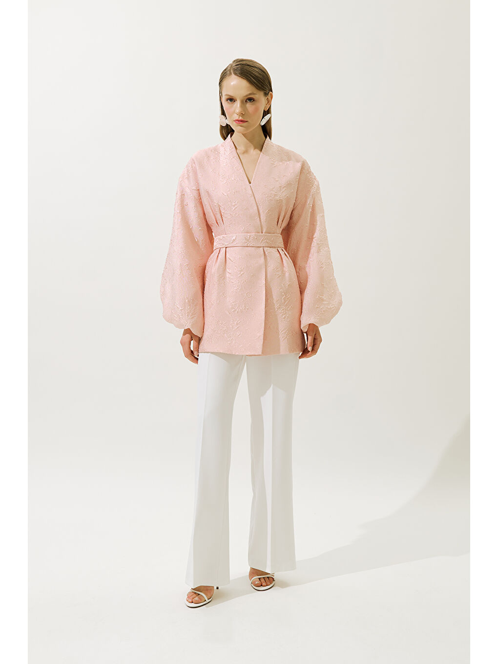 Pembe Jakar Organze Kimono Pudra