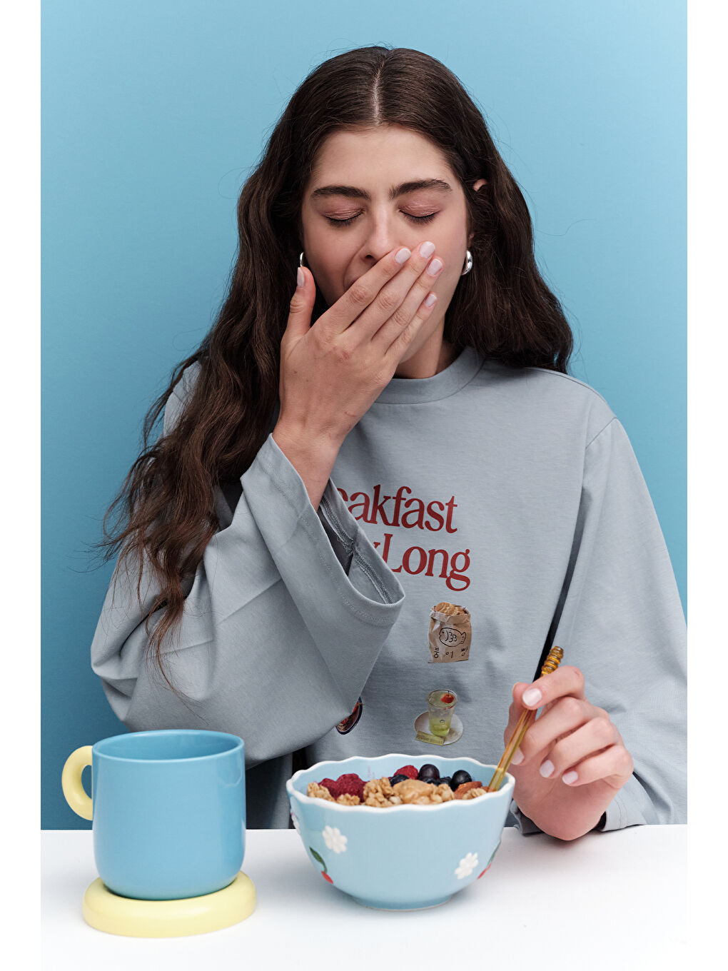 Karışık BASKILI CROP UZUN KOL T-SHIRT BREAKFAST-1