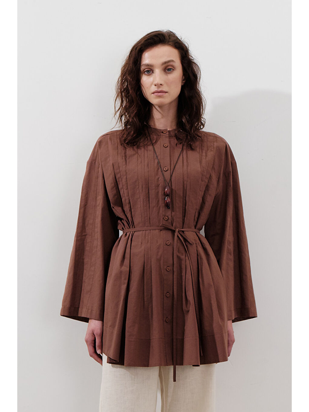 Karışık Nervürlü Geniş Kollu Tunik Sıcak Kahve-1