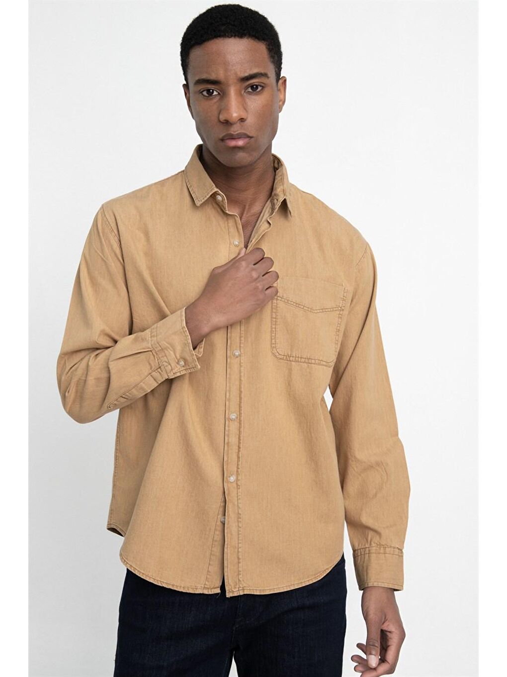Kahverengi Relax Fıt Rahat Kalıp Denim Tek Cep Erkek Kahve Jean Gömlek