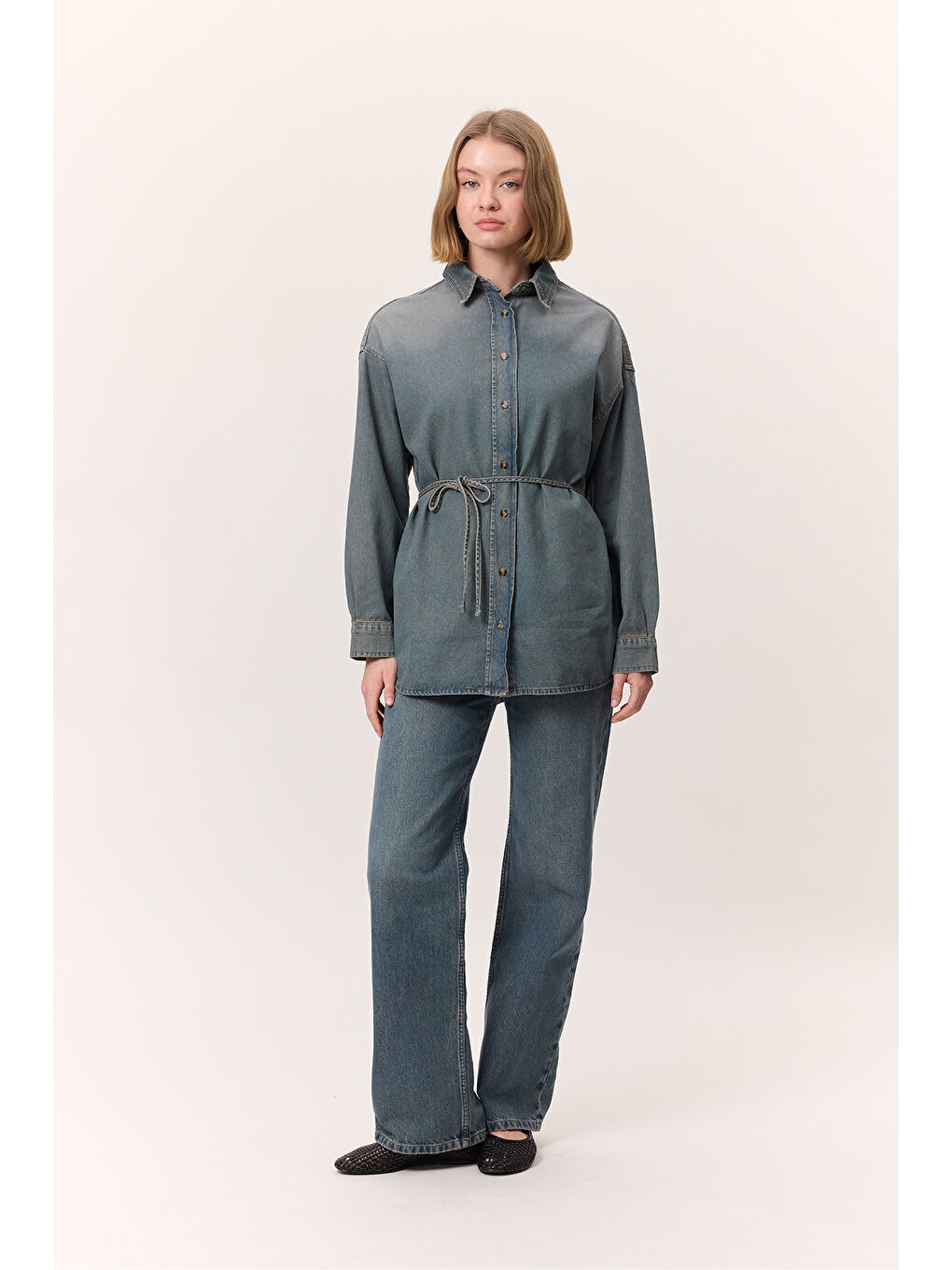 Mavi OVERSIZE KEMERLİ DENIM GÖMLEK GRİ MAVİ-1