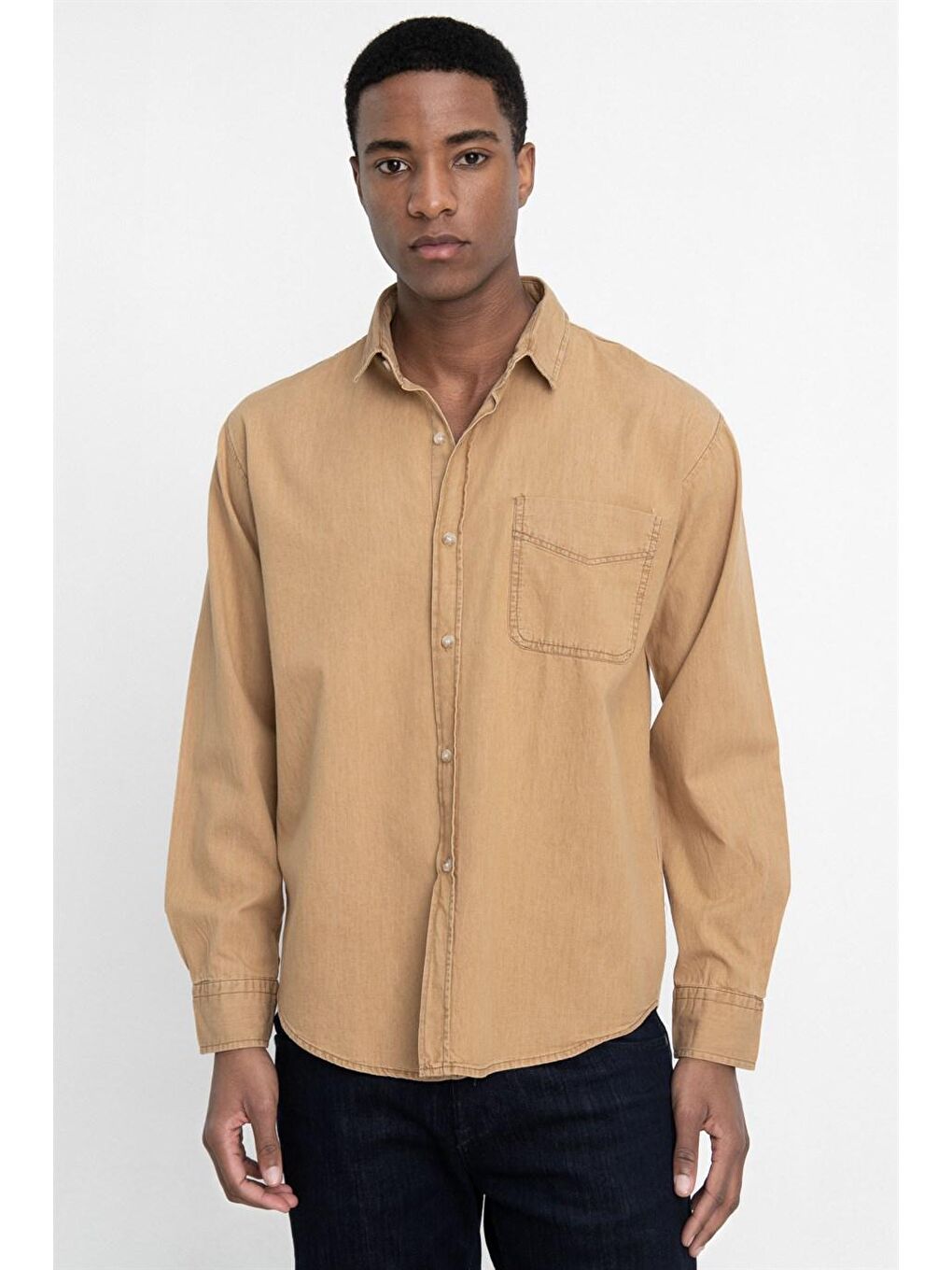 Kahverengi Relax Fıt Rahat Kalıp Denim Tek Cep Erkek Kahve Jean Gömlek-1