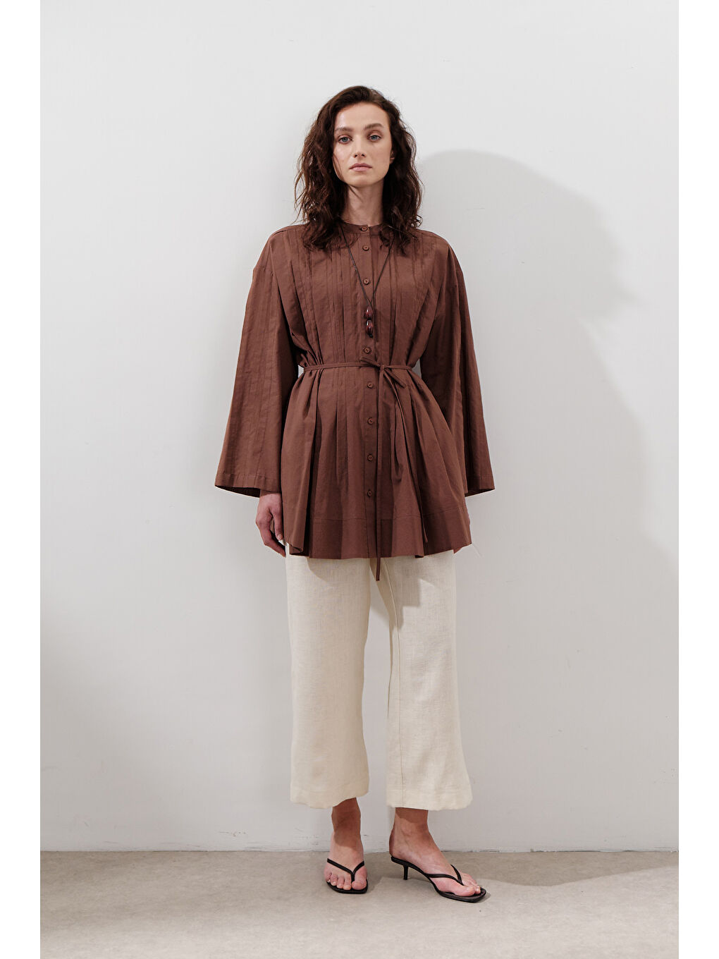 Karışık Nervürlü Geniş Kollu Tunik Sıcak Kahve-2