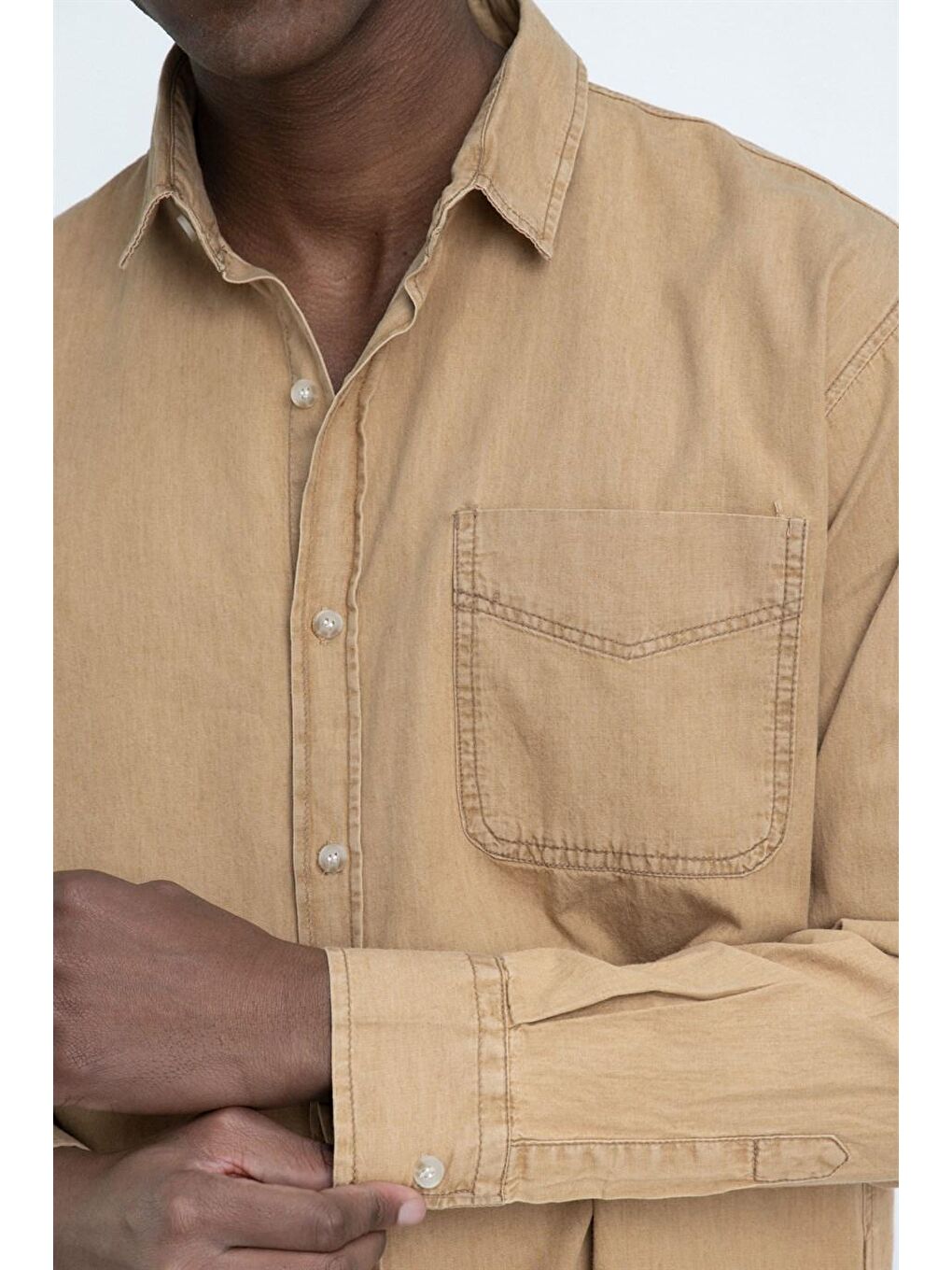 Kahverengi Relax Fıt Rahat Kalıp Denim Tek Cep Erkek Kahve Jean Gömlek-2