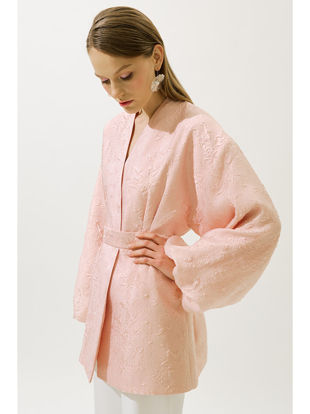 Pembe Jakar Organze Kimono Pudra-3