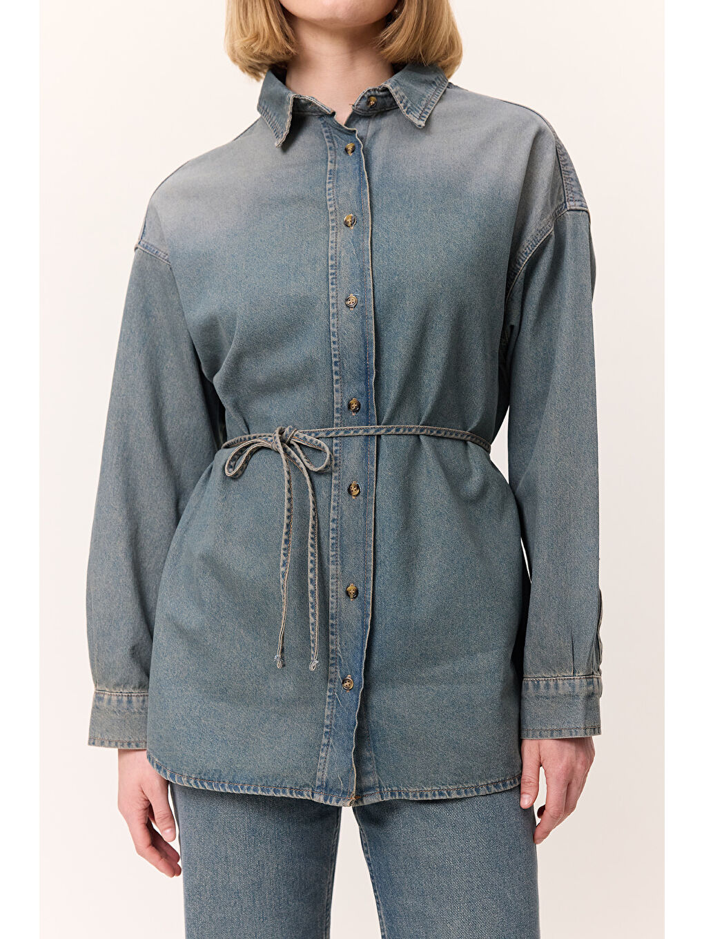 Mavi OVERSIZE KEMERLİ DENIM GÖMLEK GRİ MAVİ-2