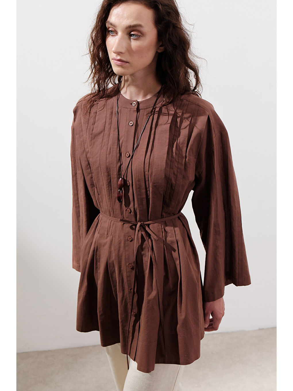 Karışık Nervürlü Geniş Kollu Tunik Sıcak Kahve-3