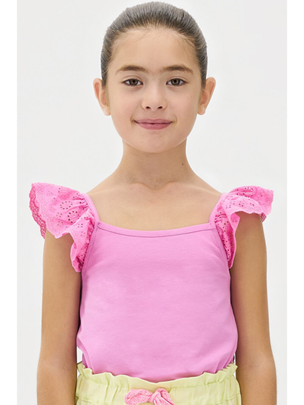 Kız Çocuk Kolları Dantel Detaylı Pembe Atlet-1