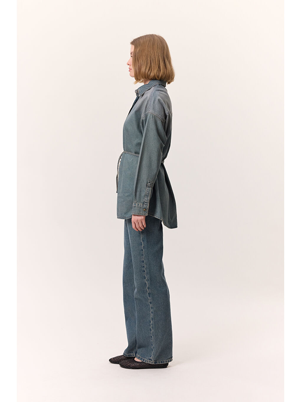 Mavi OVERSIZE KEMERLİ DENIM GÖMLEK GRİ MAVİ-3