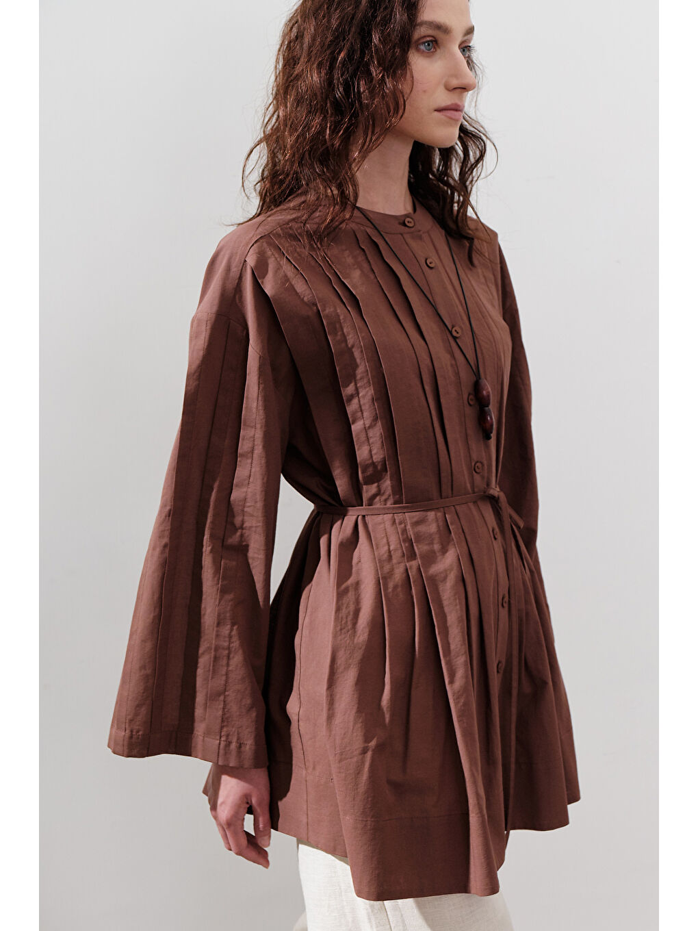 Karışık Nervürlü Geniş Kollu Tunik Sıcak Kahve-4