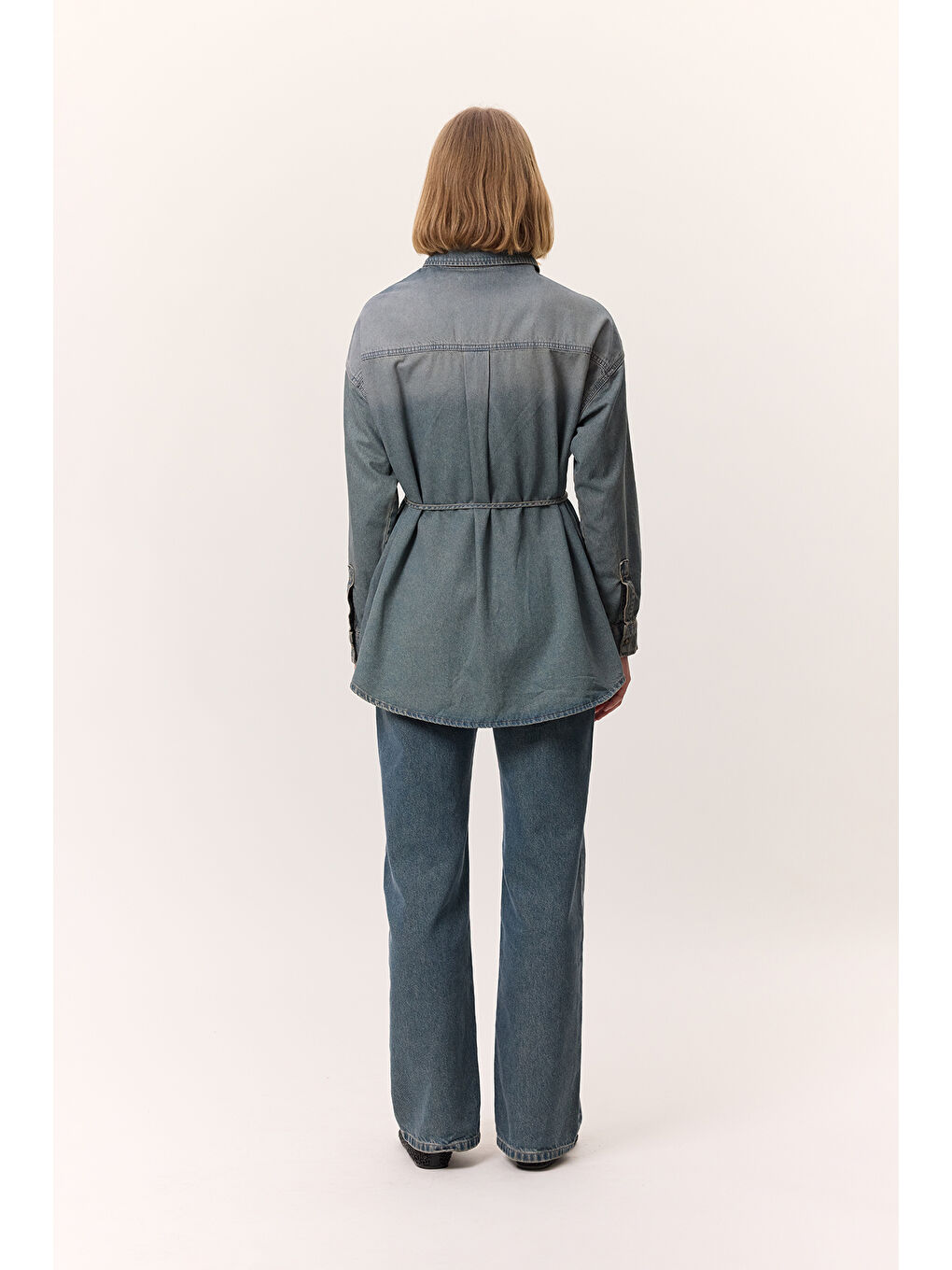 Mavi OVERSIZE KEMERLİ DENIM GÖMLEK GRİ MAVİ-4