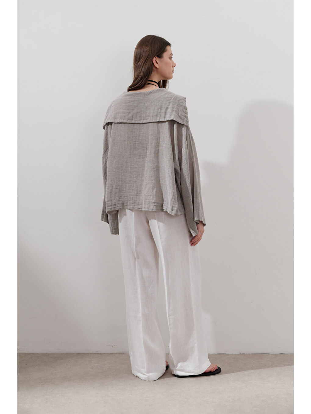 Bej Keten Karışımlı Geniş Yakalı Gömlek Natural-5