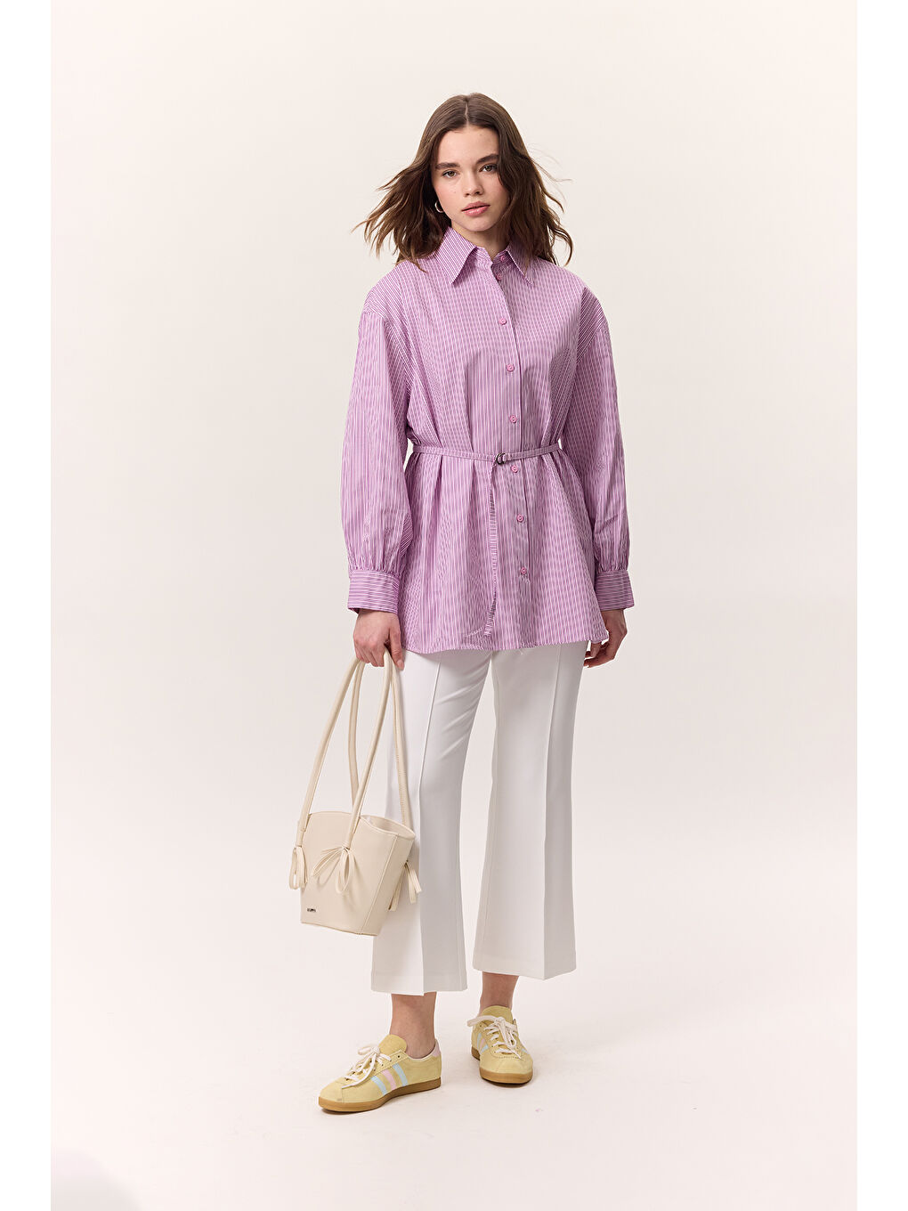 Çizgili Kemerli Gömlek Pembe
