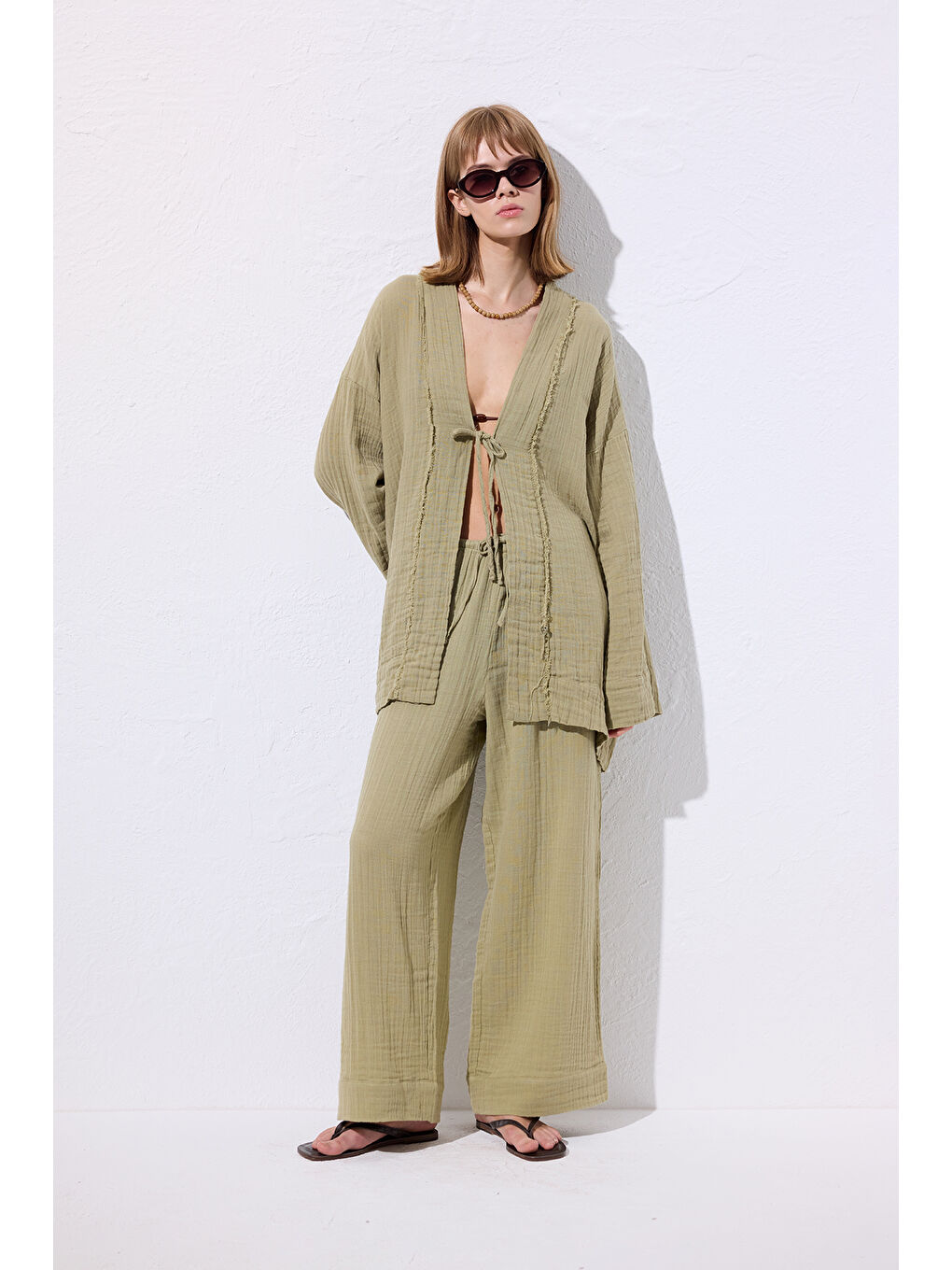 Yeşil Müslin Geniş Kollu Kimono Adaçayı