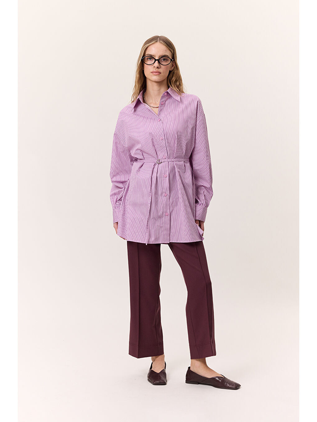 Çizgili Kemerli Gömlek Pembe-1