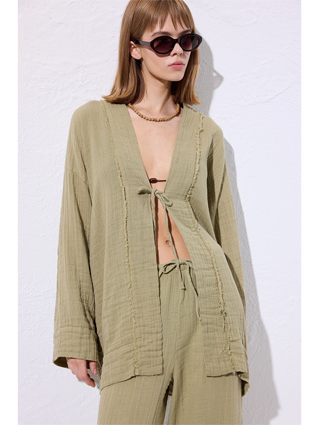 Yeşil Müslin Geniş Kollu Kimono Adaçayı-1