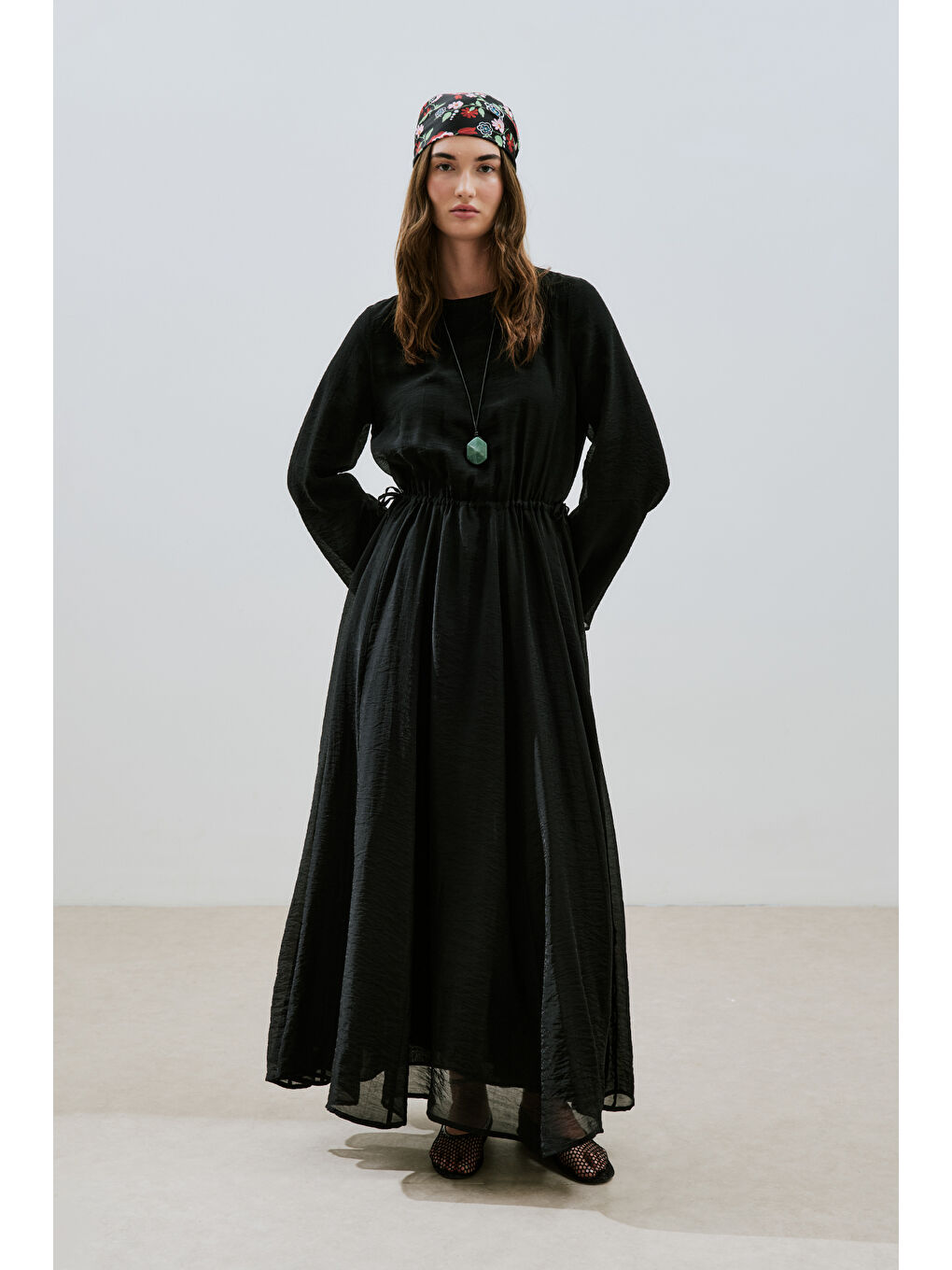 Uzun Beli Ayarlamalı Elbise Siyah-6