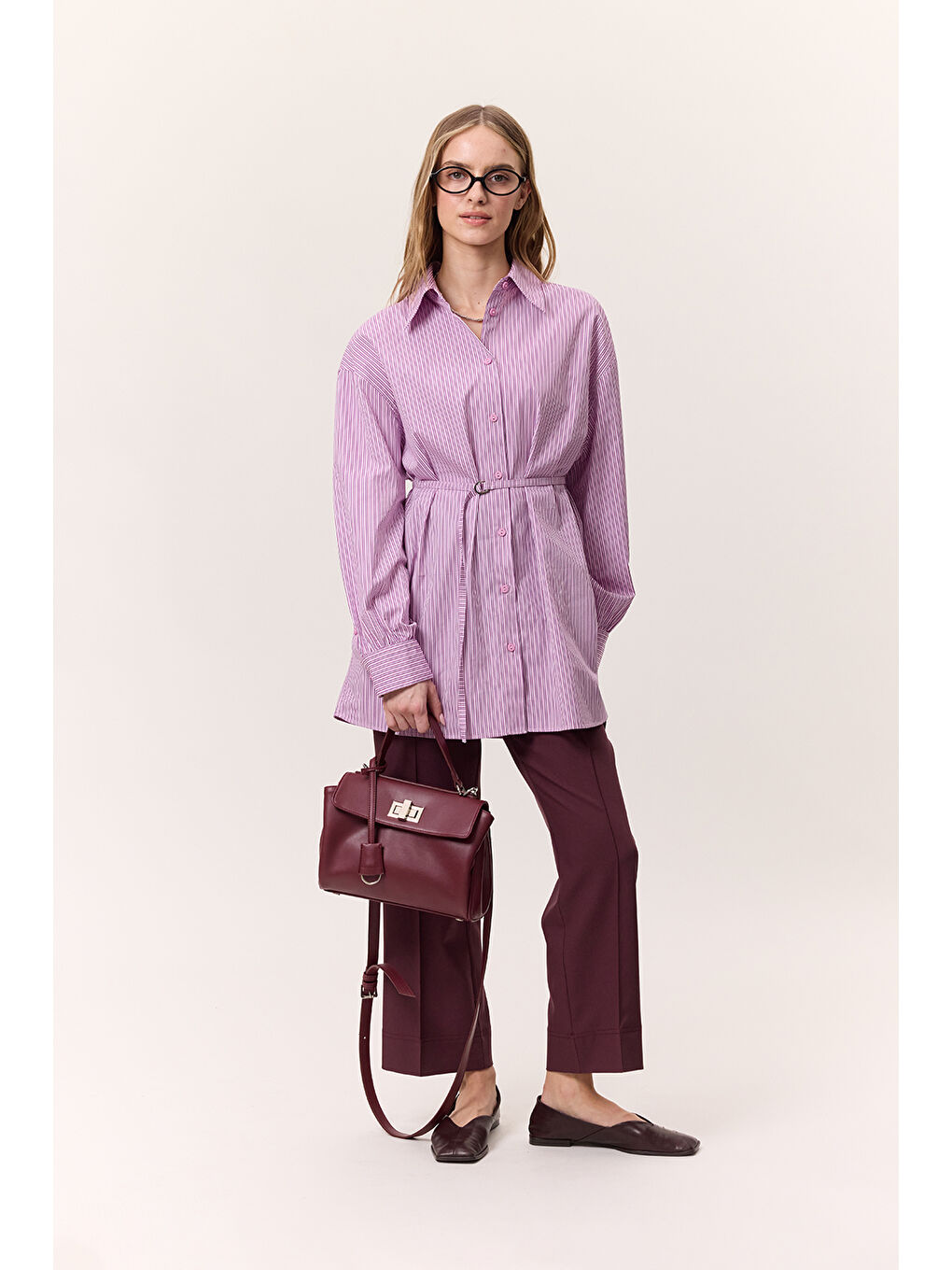 Çizgili Kemerli Gömlek Pembe-2