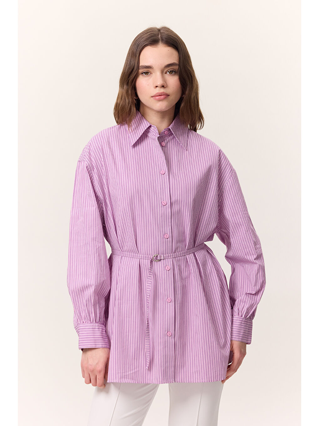 Çizgili Kemerli Gömlek Pembe-3