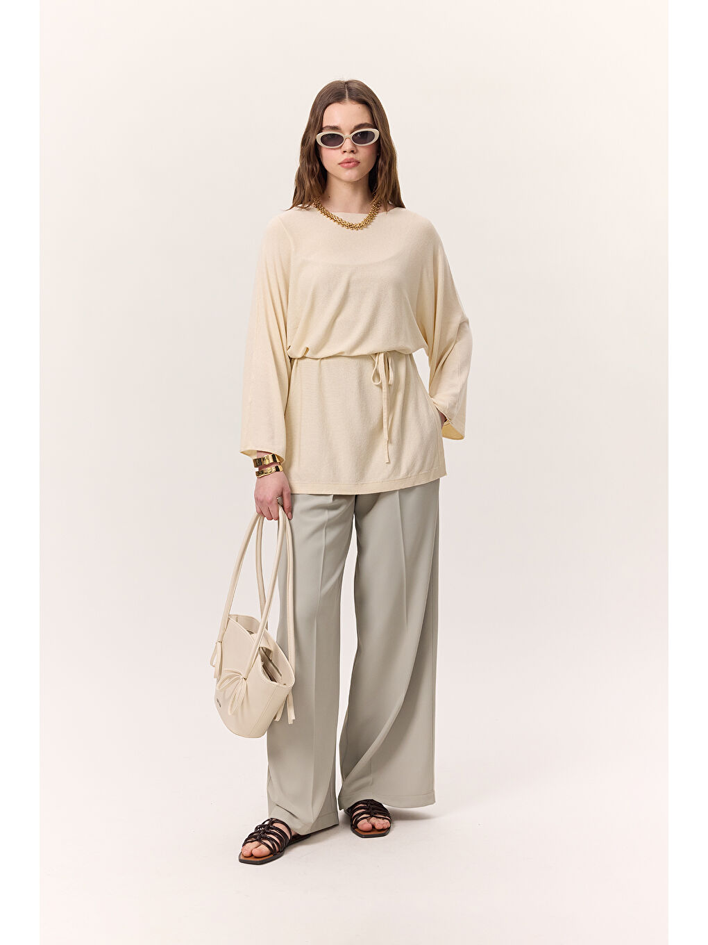 Ekru Triko Kuşaklı Tunik Vanilya-1