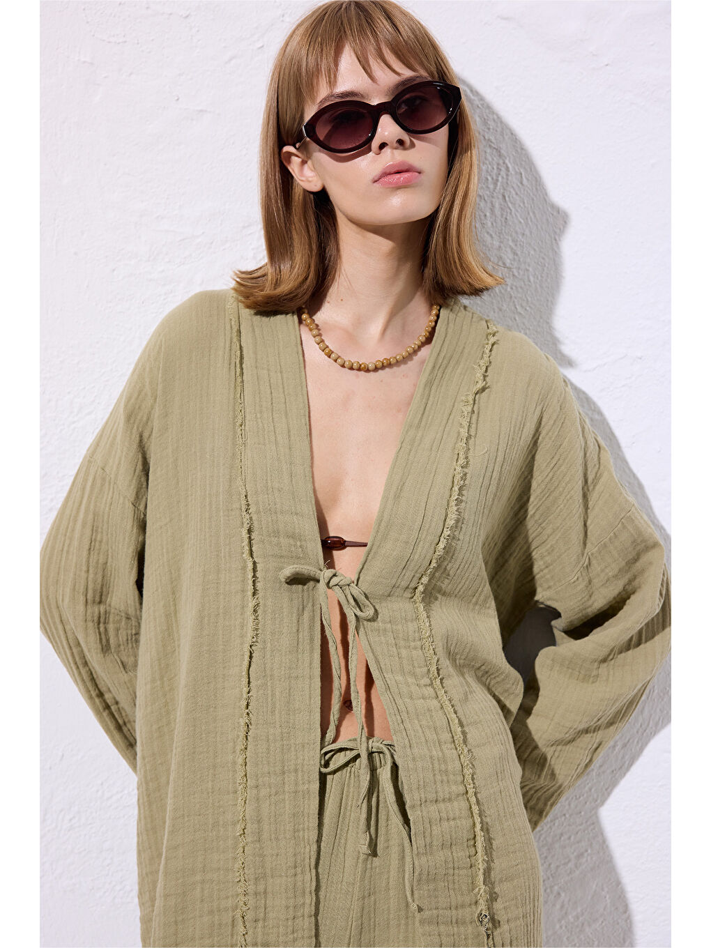 Yeşil Müslin Geniş Kollu Kimono Adaçayı-3